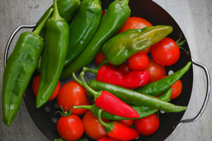 Hot Peppers and Fresh Tomatoes Garden Harvest